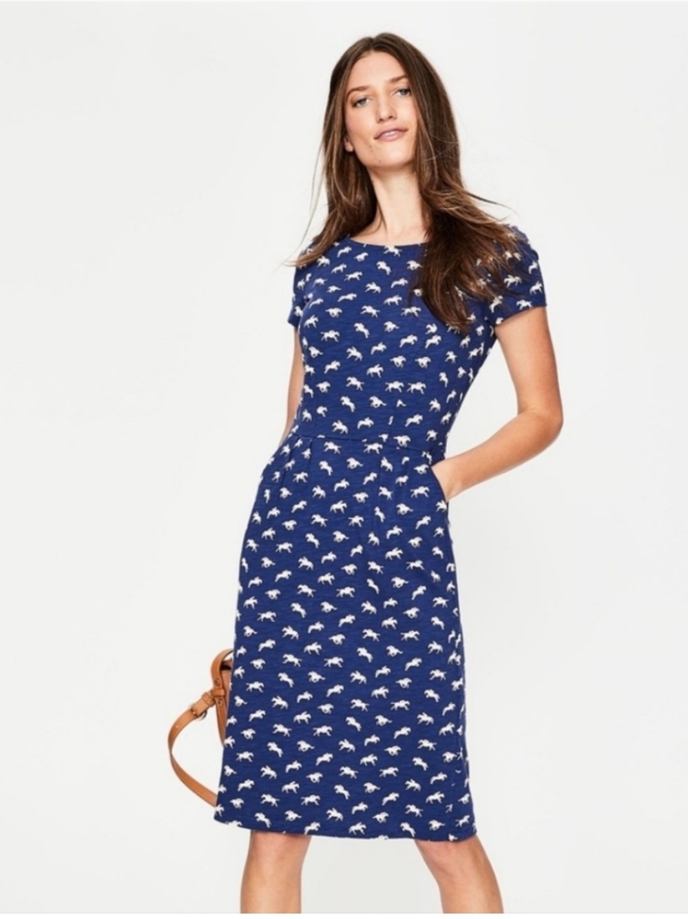 Boden Phoebe Jersey Horse Print Equestrian Dress Size 10 Blue White